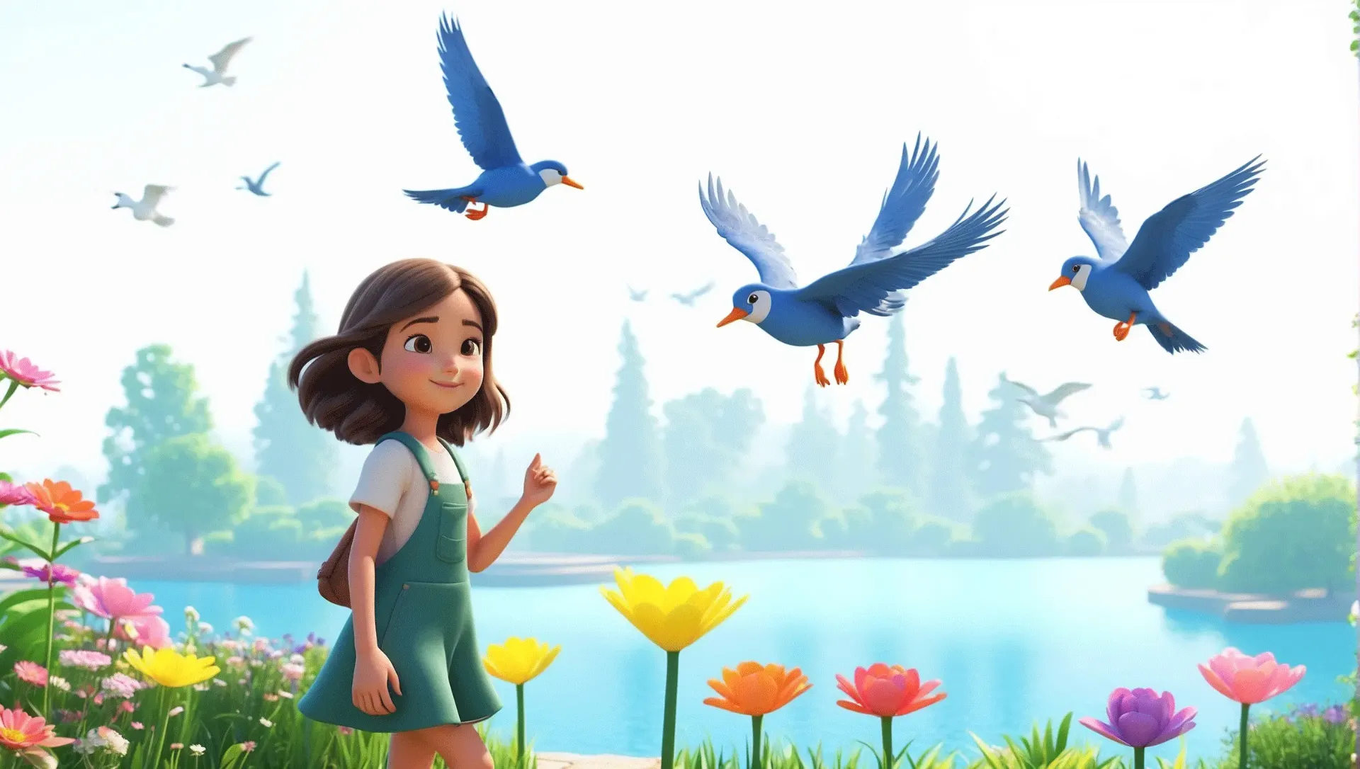 Cute Girl at Park Playing with Birds 3D Character Artwork Illustration image